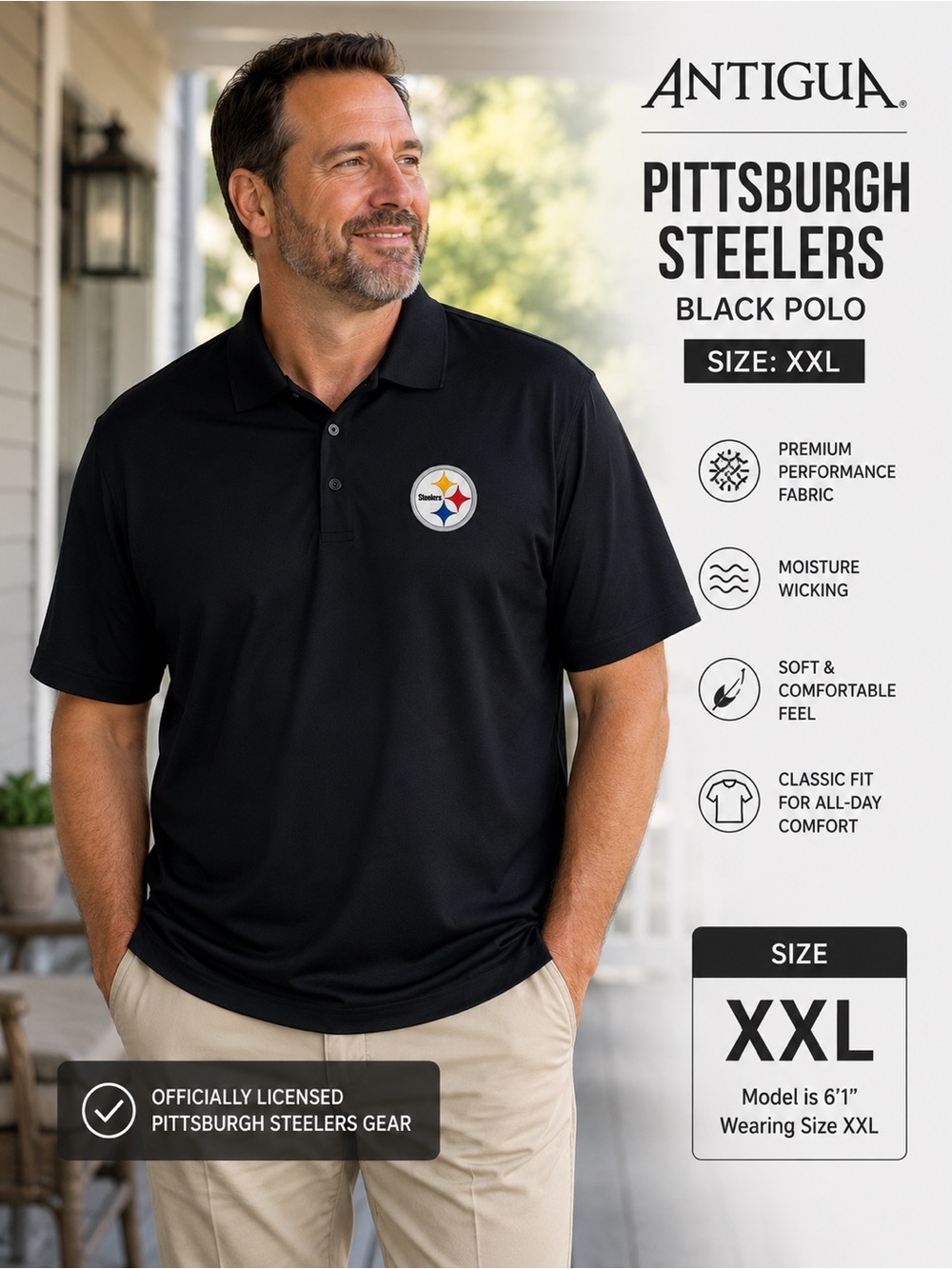 Antigua Black Polo with Pittsburgh Steelers Logo